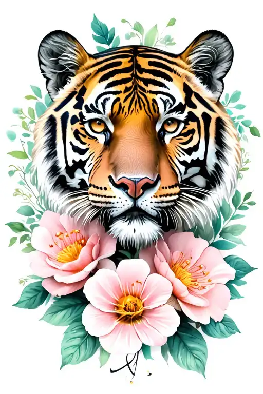 Tiger Face And Flowers