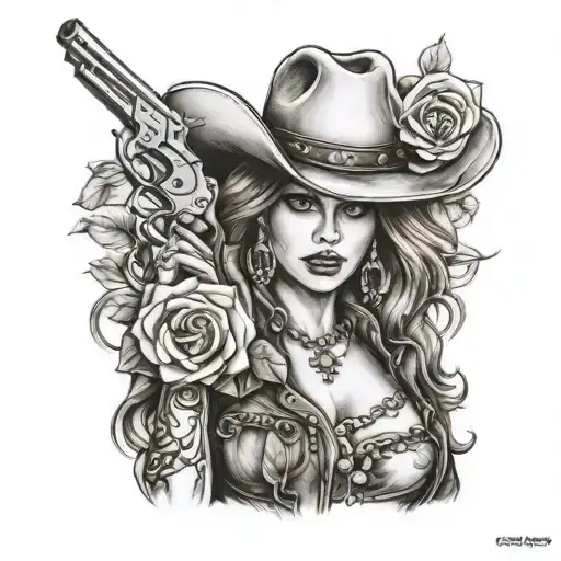 Sexy Cowgirl With Rose And Pistols