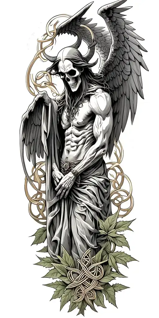 Skinny Lucifer With Wings In Style Of Grim Reaper Surrounded By Celtic Leaves