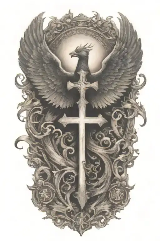 Phoenix Rising From Flames And A Cross And Words Dona Nobis Pacem In Gothic Letters