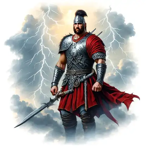 Slavic Warrior In Full Height On The Background Of Lightning And Clouds