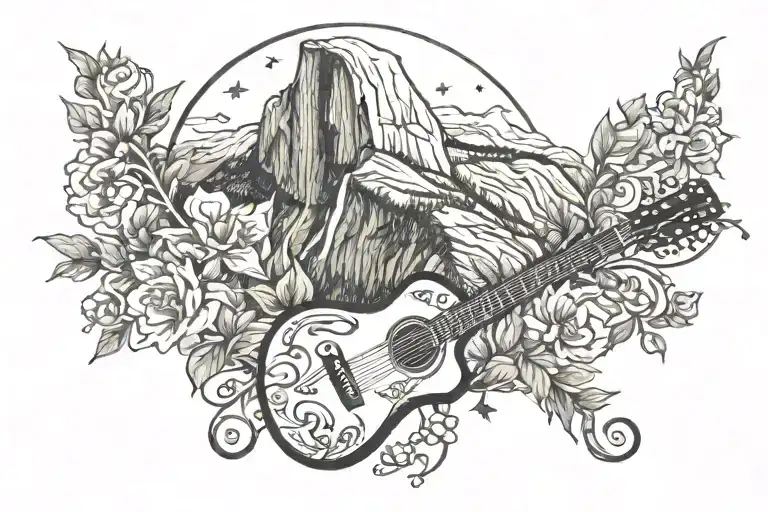 Yosemite Half Dome With Stars And Moon In A Guitar Outline With Flowers And Vines Wrapped Around