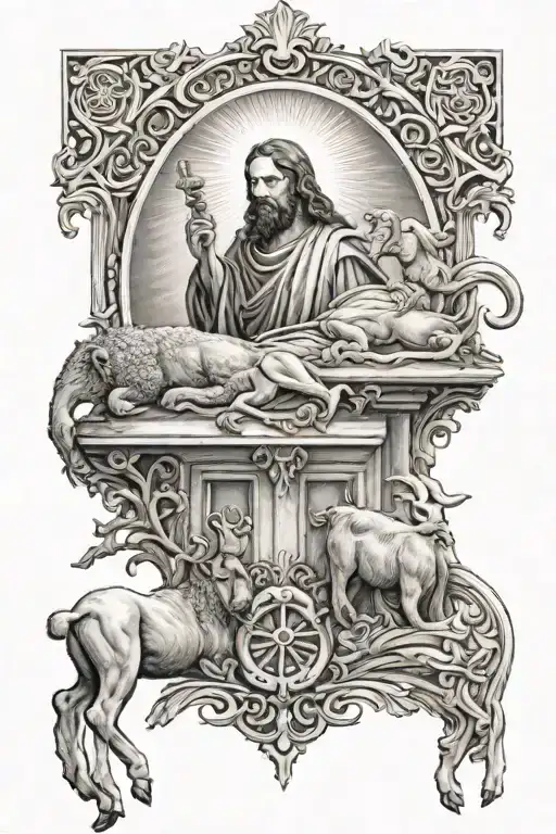 Jesus Manger On Top Of A Lamb On Top Of The Lion Of Judah On Top Of The Cross With Jesus On It