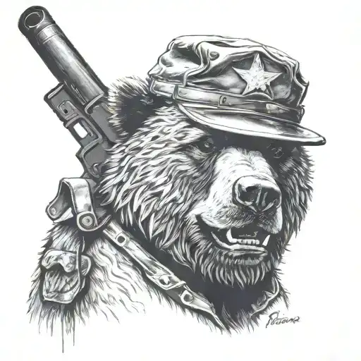 Grizzley Bear With A Usmc Helmet On Smoking A Cigar And Holding A Tommy Gun