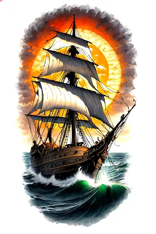 Pirate Ship Sailing Towards The Sun Morphing Into A Woman