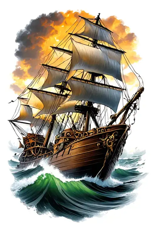 Pirate Ship Battling A Craken Fighting