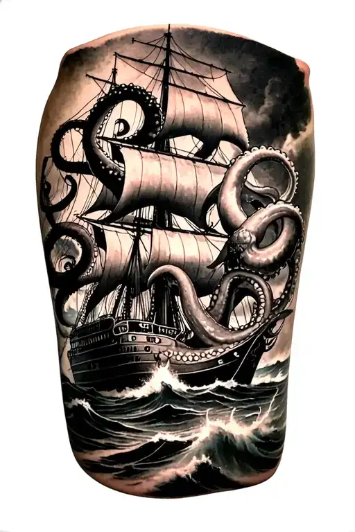 Pirate Ship Battling A Giant Octupus