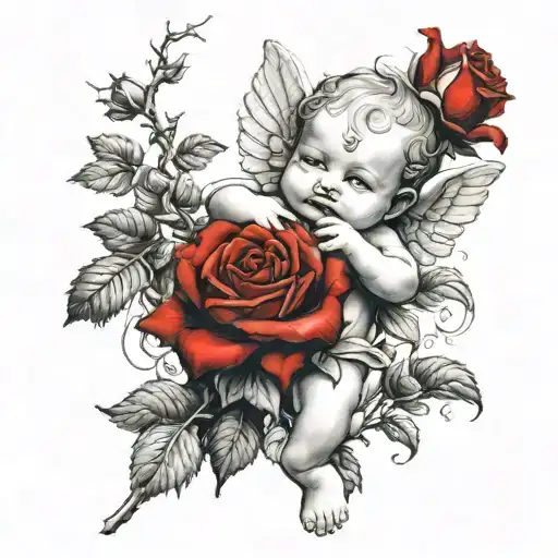 Cherub Holding Branch Of Red Roses