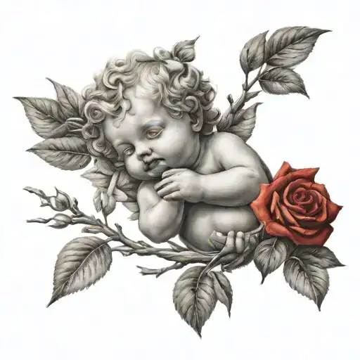 Cherub Holding Branch Of Red Roses Intertwined