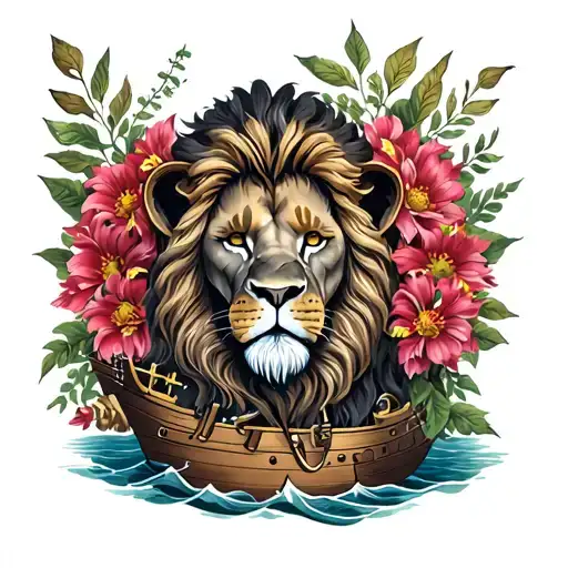 Pirate Ship Lion And Flowers Growing