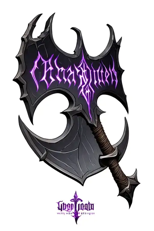 Dwarven Wing Bladed Axe Made With Black Steel With Purple Enchanted Letters Across The Blades