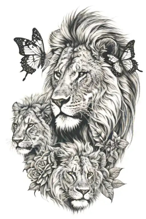 Male Lion With 2 Cubs And A Butterfly