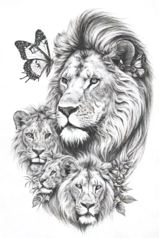 Male Lion With 2 Female Cubs And One Butterfly