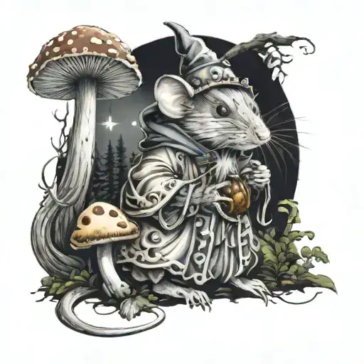An Anthropomorphic Wizard Mouse In Robes Surrounded By Mushrooms In A Dark Forest Background