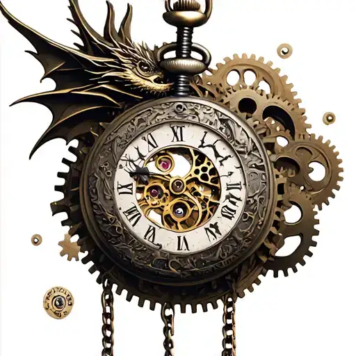 Dragon And Broken Pocket Watch Surrounded By Gears