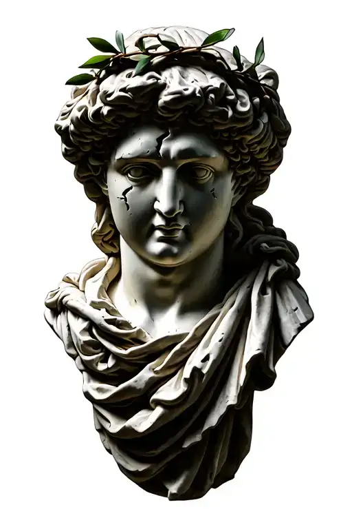 Broken Roman Bust Sculpture With Olive Branches And Drapes