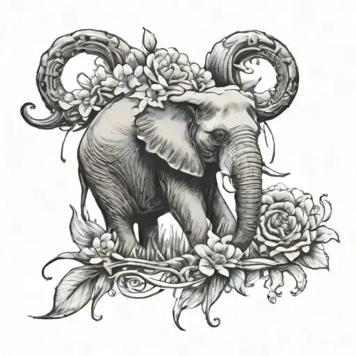 Zodiac Sign Cancer Crossed With Elephant Tattoo Design With Flowers And Waterfalls