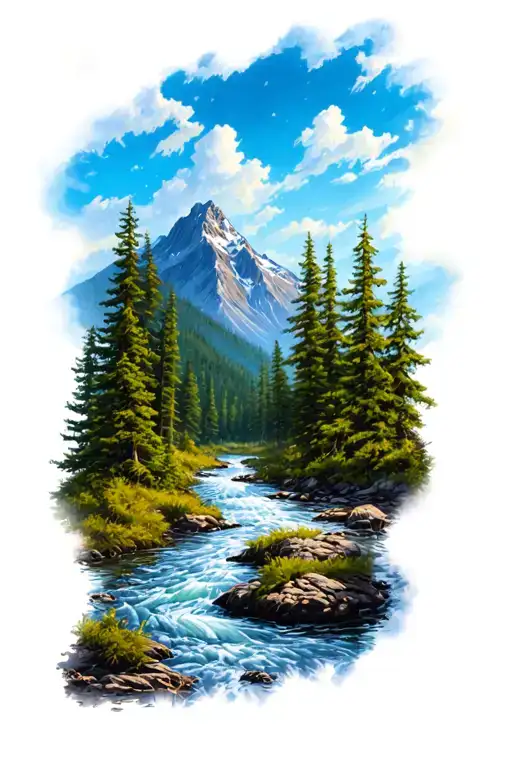 River In A Forest With Mountain Range