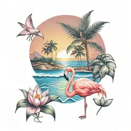 Sunset On The Sea Lotus Flower Beach Flamingo