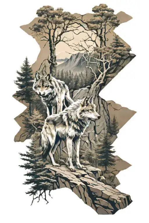 2 Wolfes Walking In The Forrest On A Pathway Overlapped By A 3D Cliff With A Standing Wolf