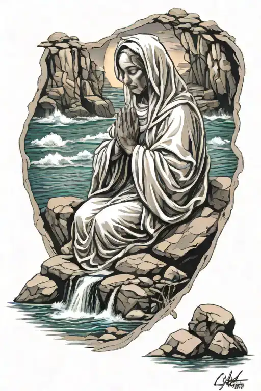 Mother Mary Praying On Rocks Over Ocean In A Sleeve For Calf