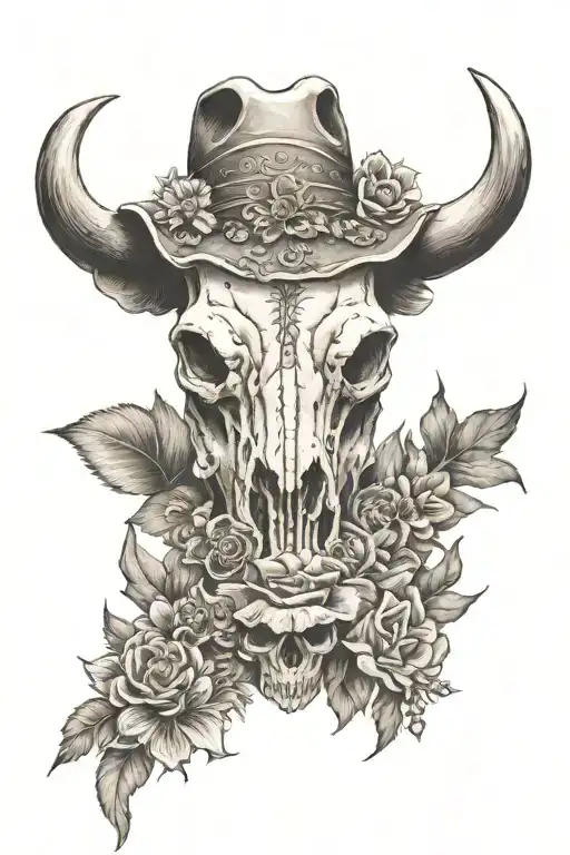 Western With Windmill Desert Flowers Bull Skull