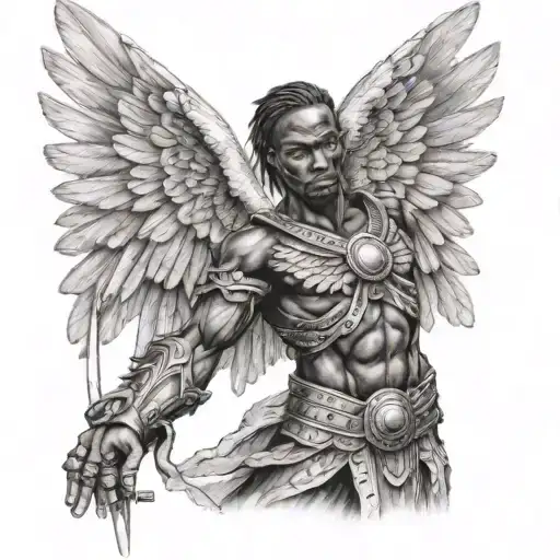 Winged African Angel Warrior Tattoo Design