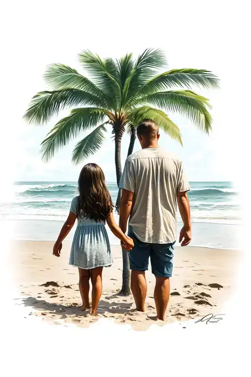 Father And Daughter Holding Hands On The Beach From Behind