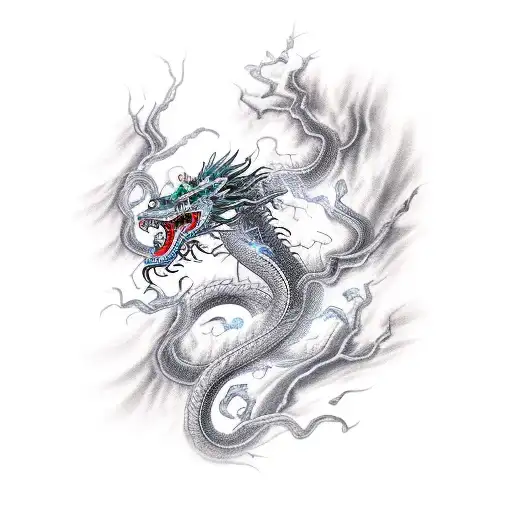 A Chinese Thunder Dragon With Lightning Wrapped Around It's Body