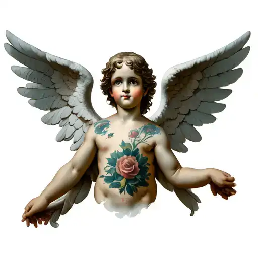 Cherub Tattoo On Each Side Of The Chest And Something Angelic In The Middle Of The Chest