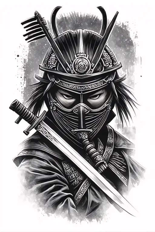 Samurai With Katana In Mask Black And White Tattoo Sketch Simple