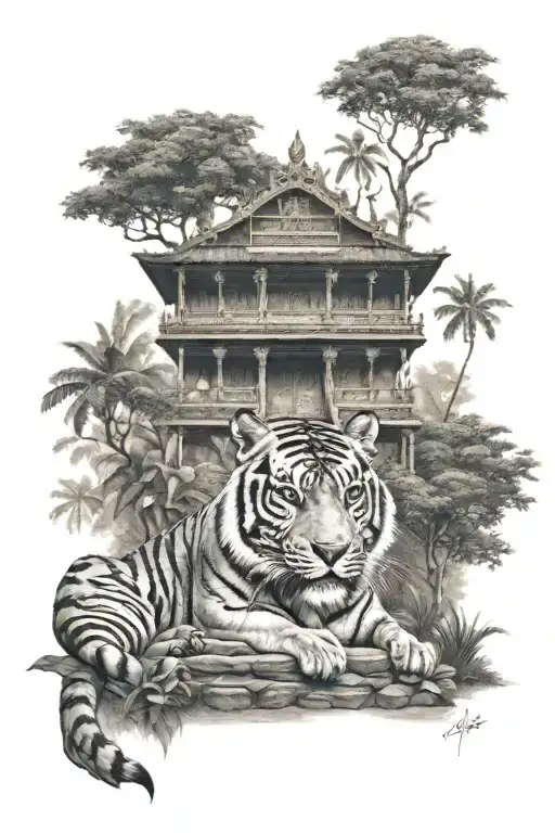 Thai Jungle Temple With A Tiger