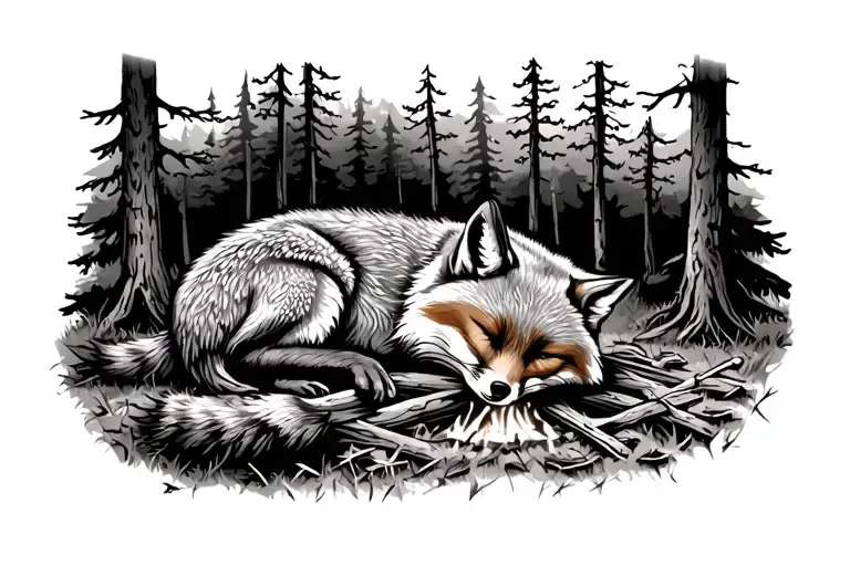 Fox Sleeping Near A Campfire In The Woods