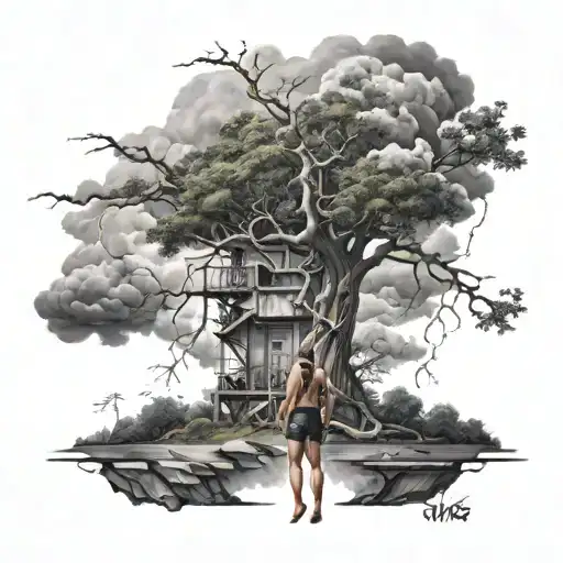 Zoom Character Standing In Front Of Minka Structure With Thunderstorm Clouds And Tree Branches