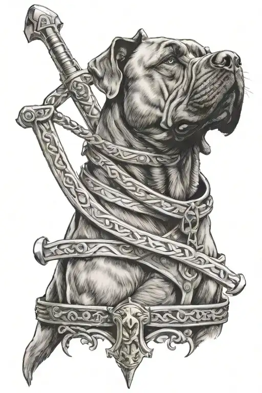 Gladiator Holding Sword With Cane Corso And Has A Cross Around His Neck