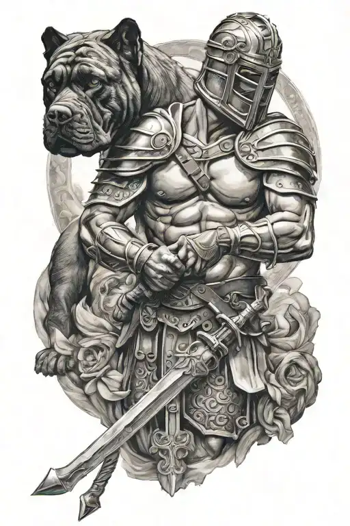 Roman Gladiator Holding A Sword And Has A Cross Around His Neck With A Cane Corso At His Side