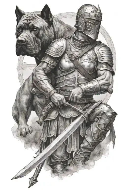 Roman Soldier Holding A Sword And Has A Cross Around His Neck With A Cane Corso At His Side
