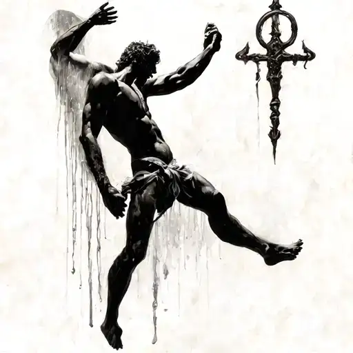 Full Body Silhouette Of A Male God In A Dongeon Being Tortured By A Dominatrix