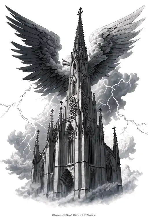 Huge Gothic Cathedral With St Michael Black And Grey Realism Clouds And Thunder Surrounding