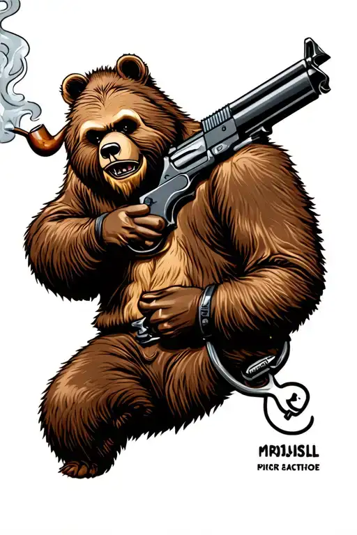 Smokey The Bear Holding Machine Gun Smoking A Pipe