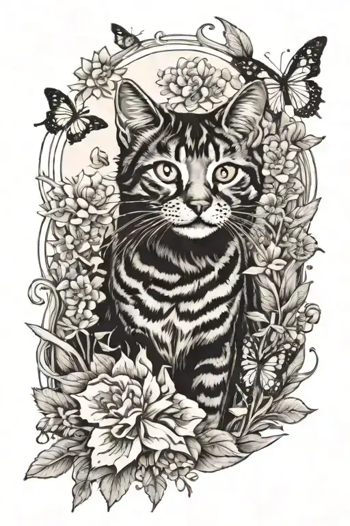 A Whimsical Scene Of A Cat Exploring A Moonlit Garden Filled With Colorful Flowers And Butterflies