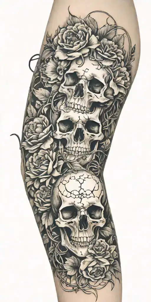 Colorful Peonie And Orchid Sleeve And A Subtle Strand Of Rusty Barbed Wire And One Cthulu Skull