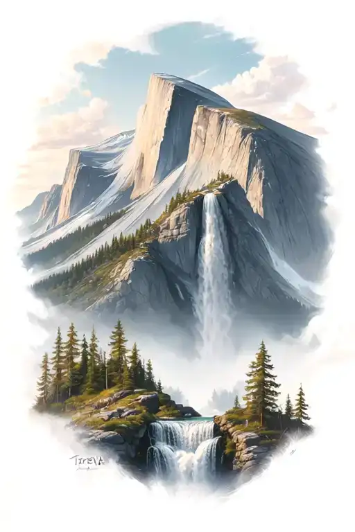 Badass Version Of Half Dome With A Trail Leading Up To It And A Waterfall Coming Off Half Dome