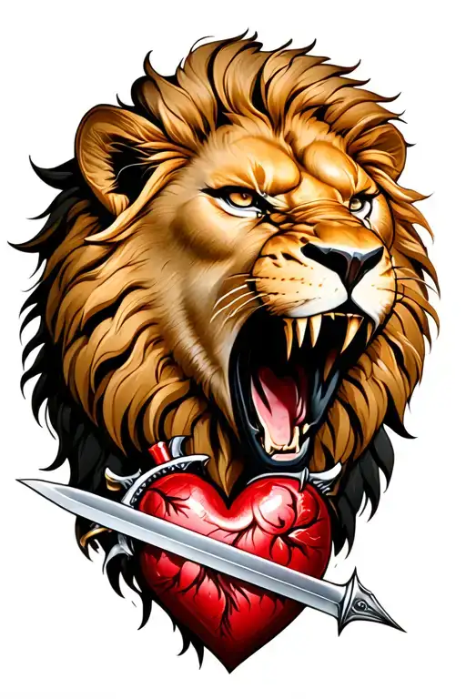 Lion Head Roaring Combined With Real Heart And Dagger Piercing A