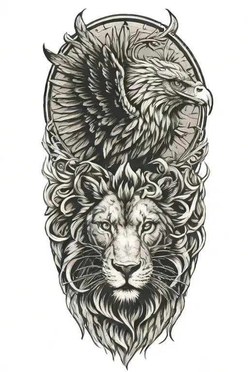 Soaring Eagle With Lion Head Below