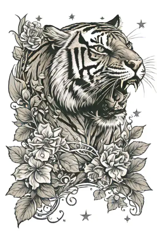 A Tiger Roaring In A Starry Night With Four-leaf Clovers At Its Feet