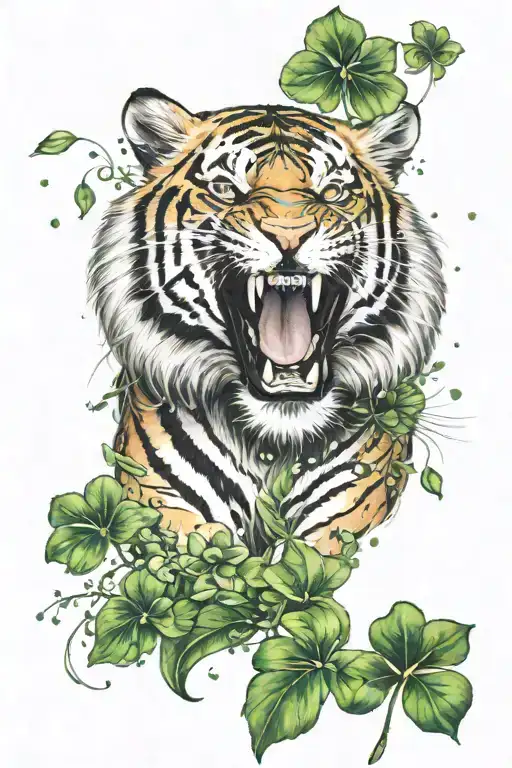 A Tiger Roaring In A Starry Night With Four-leaf Clovers At Its Feet