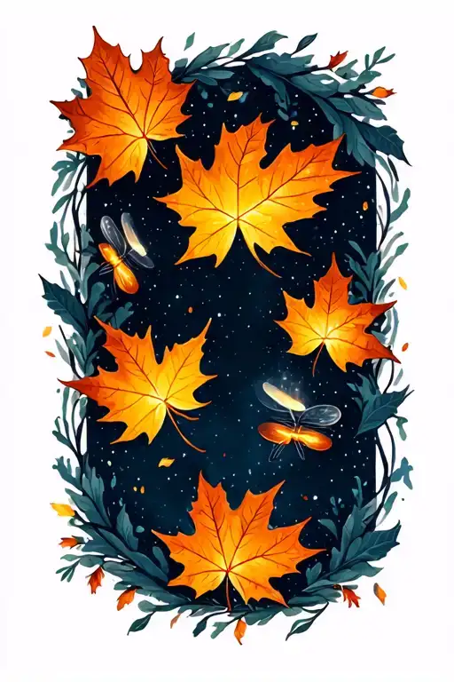 Fall Autum Leaves Falling With Fireflies Simple