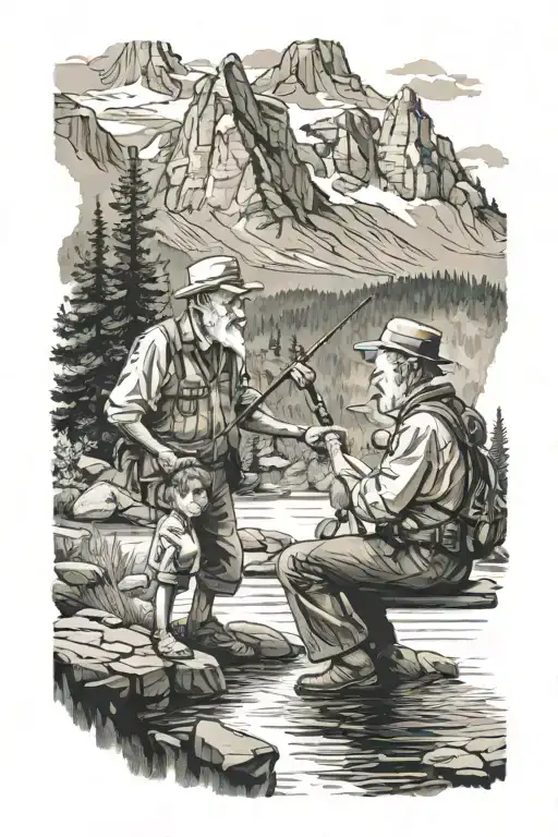 Grandpa And Grandson Fishing With Mountains In Background