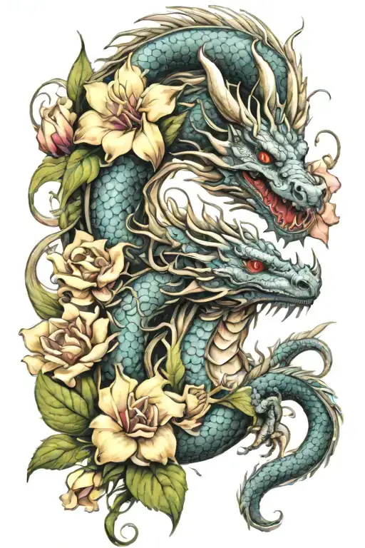 Dragon Intertwined With Snapdragon Flowers Blooming